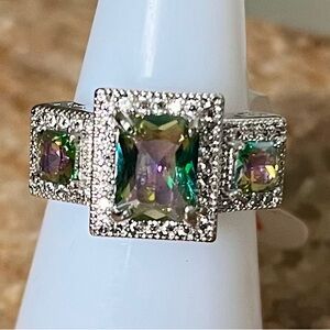 Bomb Party Retro RBP2115 Green Rainbow Topaz & White Topaz on Rhodium Ring
